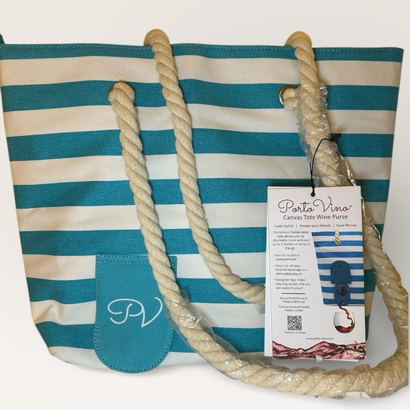 porto vino Handbags - 🚨SOLD🚨 Vino turquoise and Cream Striped Canvas Tote Beach Bag